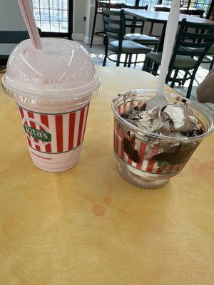 Strawberry shake. Chocolate vanilla twist custard with hot fudge