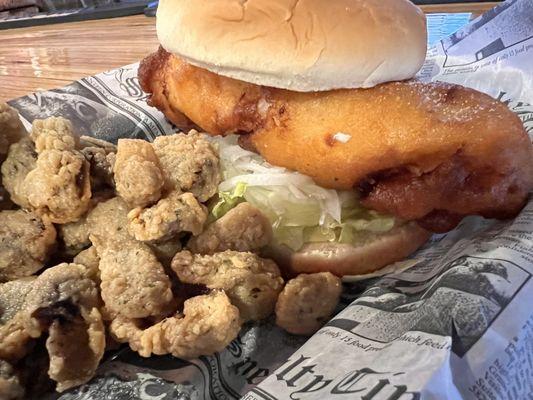 Odon Tavern's famous Fish sandwich, with fried portobello mushrooms... delicious