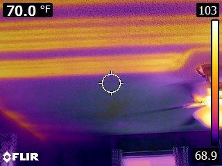 Infrared camera was able to pick up that only half of the ceiling heat was actually functional in this bedroom.