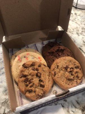 Birthday cake(top left corner), double chocolate chunk(top right corner), chocolate chip(front)