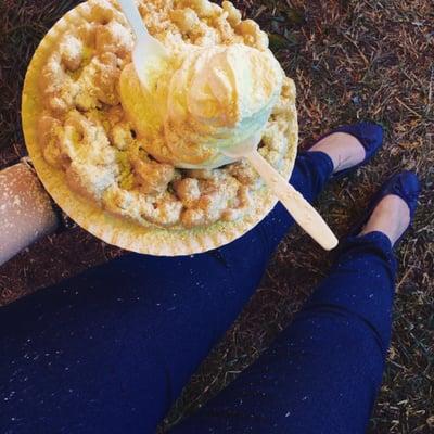 Funnel cake w soft serve vanilla ice cream. Flipping' powdered sugar EVERYWHERE!