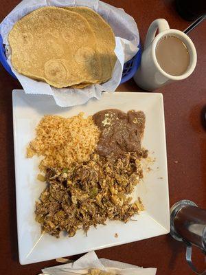 Machaca Plate with my cafe de la hoja !! Sure hit the spot !!