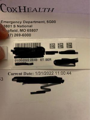 The wristband is time checked in The paper is time the prescription was typed up and I was discharged about an hour afterwards.