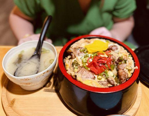 Miso Soup and one of the many rice bowl combinations.