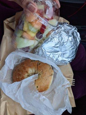 Taylor ham, jalepeno bagel with vegetable cream cheese and a fruit cup