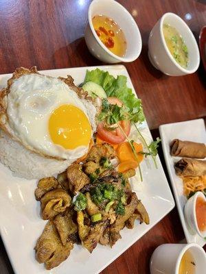 Grilled pork rice plate and Vietnamese egg rolls