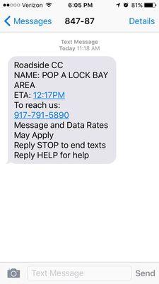 Text message telling me which roadside service was sent for the jump.