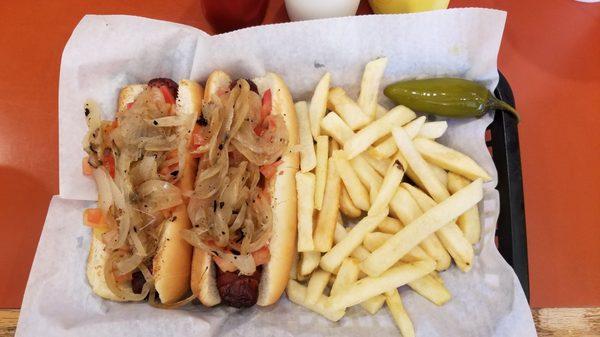 Hotdogs and fries.