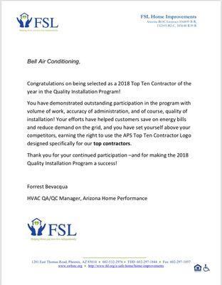 APS top ten Installation contractor of 2018! Call us for your Trane High efficiency unit!