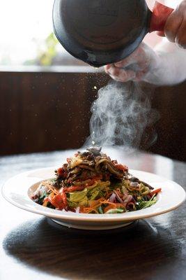 Our Lunch Sizzling Salads.
 Wild Mushroom, Shrimp or Chicken.