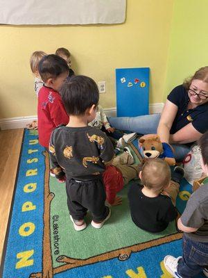 Circle time fun in our toddler classroom.