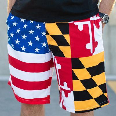 MD/US flag board shorts.