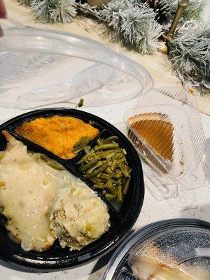 Thanksgiving take out. Turkey, dressing, green beans sweet pities a s pumpkin pie.