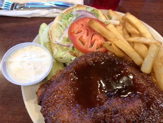 Legacy Pub Chicken Sandwich with fries. The special sauce is honey-Worcestershire-ish.