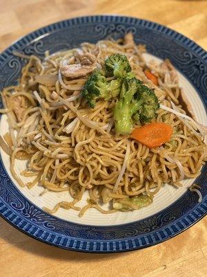 Chow Mein with Chicken.  placed in one of our dishes at home for presentation.