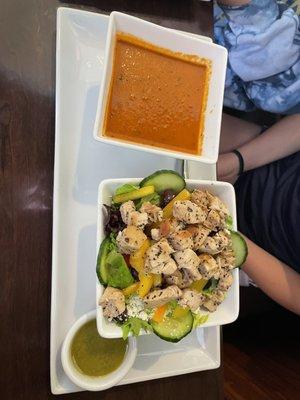 Tomato Basil Soup and Greek Salad with chicken