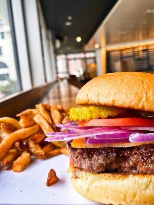 Oxtail burger with an order of crispy double fried fries!