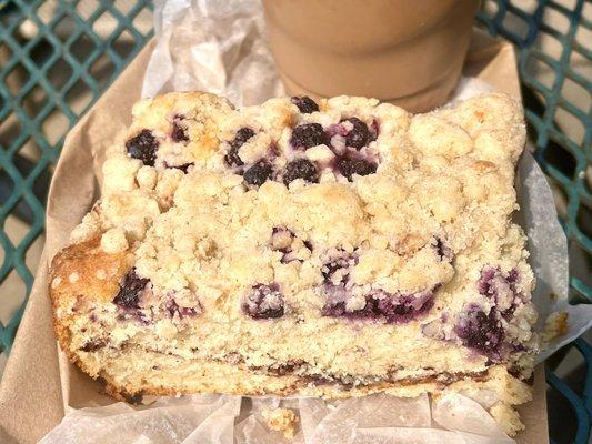 Iced Neapolitan latte (vanilla, strawberry & choc) and a slice of blueberry coffee cake