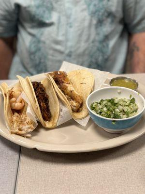 3 street taco plate - shrimp, pork, fish