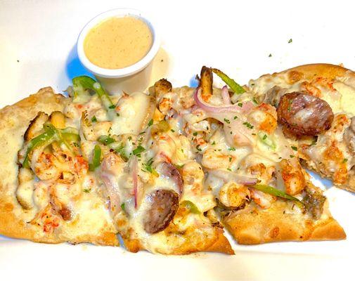 Cajun crawfish flatbread pizza