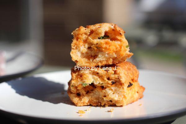 Inside of Chili Crisp Scone ($5) - this was the best item we tried. Really moist, soft, and flavorful.