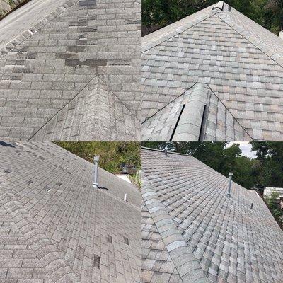 Hurricane damaged shingle roof, before and after. (Pristine Weathered)