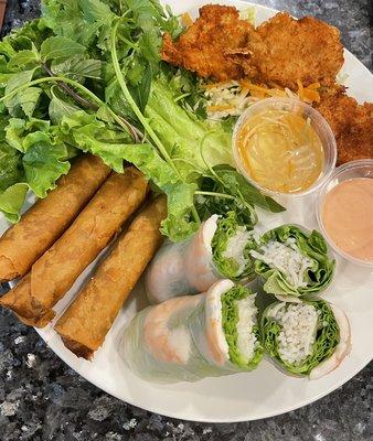 Trio appetizer: eggrolls, springrolls, fried shrimp