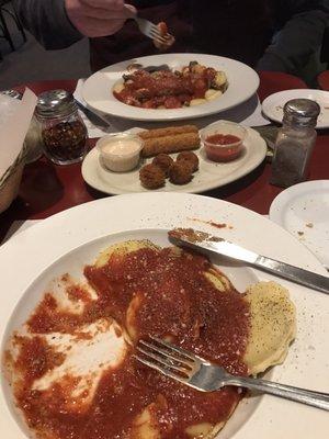 Meat Ravioli, & (far plate) Gnocchi, sausage and mushrooms