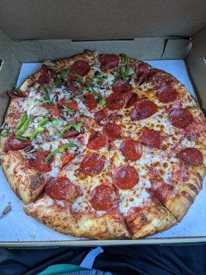 Large half pepperoni half green pepper and mushrooms