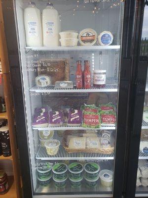 Creanline milk! Spreadable cheeses, chevre, fermented jalapeno hot sauce, sauerkraut,  tofu, tempeh,  feta in oil, burrata & other cheeses!