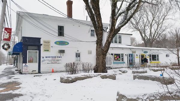 view from the street corner. The shop's new location will be right by the lovely little park and behind the Quietside Cafe.