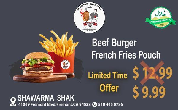 Fresh halal ground beef served with frensh fries and your choice of mini sodas