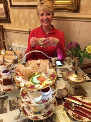 Roberta having afternoon tea in Scotland