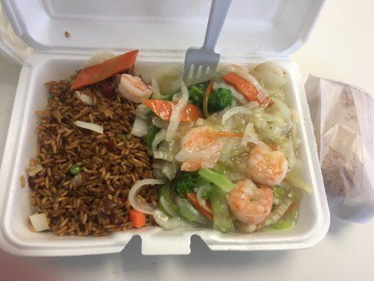 Shrimp Chopped Suey (L21) with Regular pork fried rice, and egg roll.