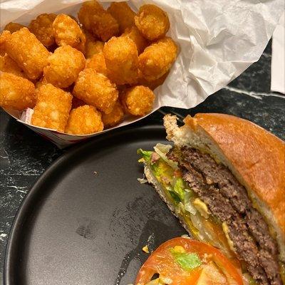 Double-Double Meat & Cheese Burger, large Tater Tots