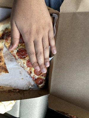 huge pepperoni slice. I have big hands for comparison.