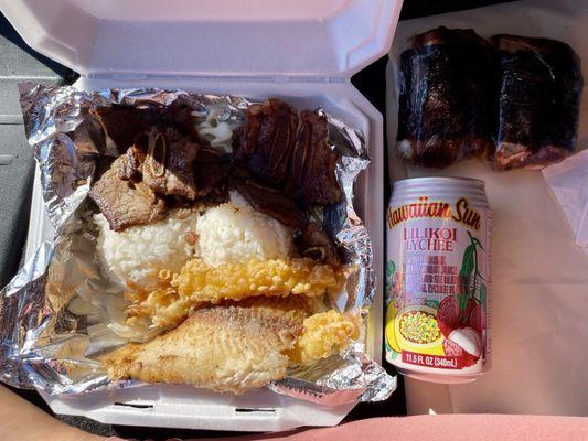 Seafood Combo w/ BBQ Beef Rib, BBQ Chicken Musubi and lilikoi lychee juice