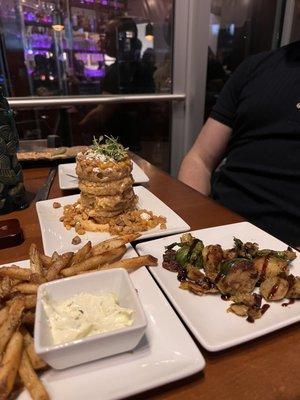 Fried, Green tomatoes, duck, fat, fries, and brussels sprouts.