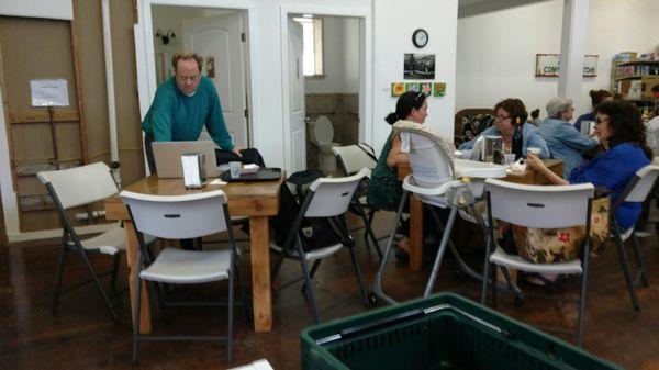 Don't be "that guy" who takes a whole table when there are people waiting AND there is a counter with stools open and power outlets for you.