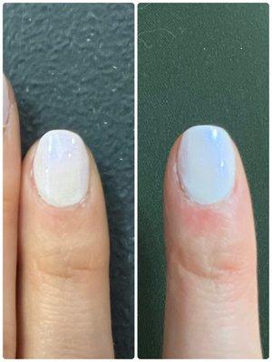 Forgot to file my nails and refused to fix it (left). I fixed it myself at home (right)