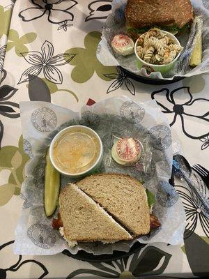 Dixie Chick chicken salad sandwich with broccoli cheese soup and a turkey club with pasta salad