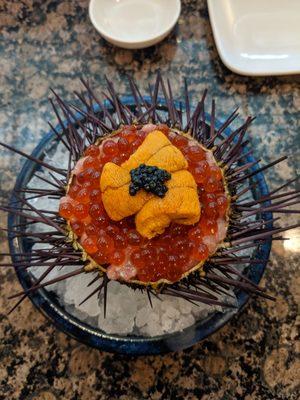 Caviar, uni, ikura, fatty tuna on rice