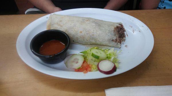 The breakfast burritos with black beans(our choice) Chorizo(our choice), eggs, cheese, potatoes, cilantro and onions & side of spicy salsa.