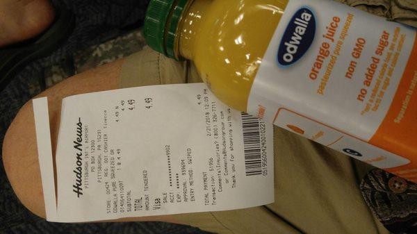 $4.49 for 15oz of orange juice. Should have been fresh squeezed and slurped off a strippers ass.