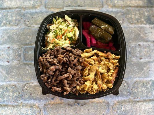 Combo Shawarma Plate With Rice, Grape Leaves and White Cabbage Salad