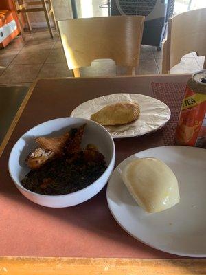 Meat pie/ chicken and greens fufu