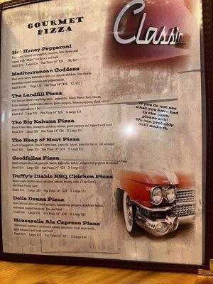 Gourmet pizza menu 5/2023