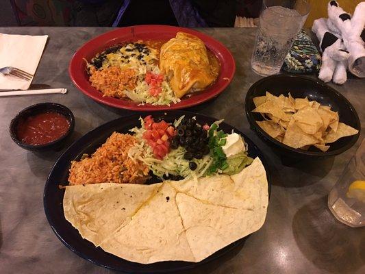 Cheese quesadilla and veggie burrito.