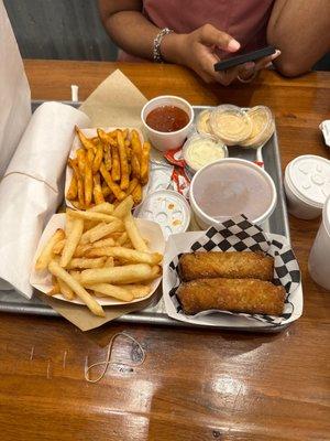 Small Cajun Fries and Small Seasoned Fries and 2pc Boudin Egg Roll