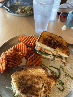 Club sandwich with sweet potato fries